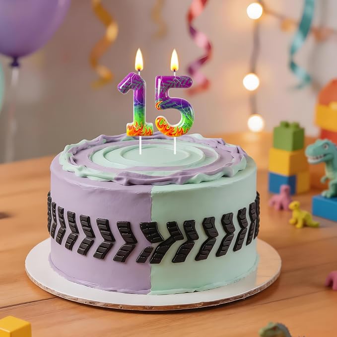 Number 5 Birthday Candle for Cake – Purple Green Flame Design with Lightning & Tire Track Pattern – Off-Road Truck Theme Cake Topper for Birthday Party Decoration