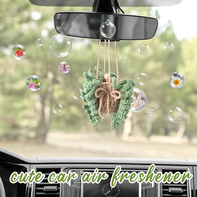 DaisyInner Cute Crochet Plant Car Freshener 12ml Empty Refillable Diffuser Bottle with Plants Hanging Accessories for Ornaments Charms Rearview Mirror Home Office Decor Women Gifts(Fern)