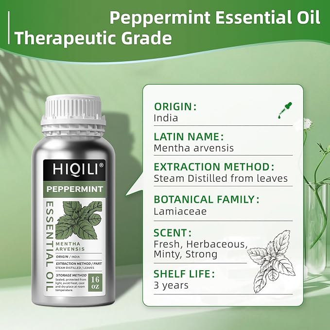 HIQILI Peppermint Essential Oil 16 oz Aromatic Oil for Freshening Air, Hair Care, DIY Soap, SPA & Home Use