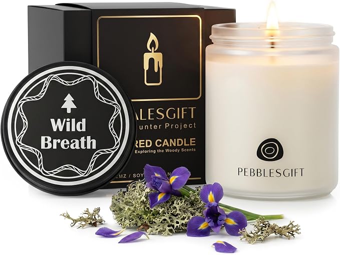 Wild Breath Woody Scented Candle 9oz Soy Wax Frosted Glass Jar for Home Decor - Scent Hunter Scented Card Included - Ideal Gift for Self-Care & Relaxation for Men & Women Gift
