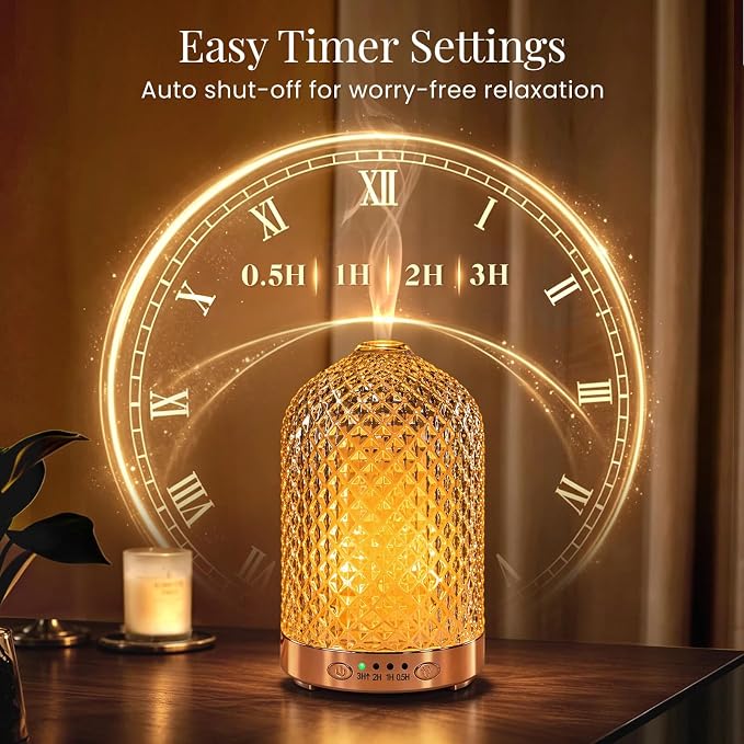 Essential Oil Diffuser, 120ML Glass Aromatherapy Diffuser with 7 Color Lights & Timer, Ultrasonic Small Humidifier with Auto Shut-Off for Home Office Bedroom (Glass-Diamond)