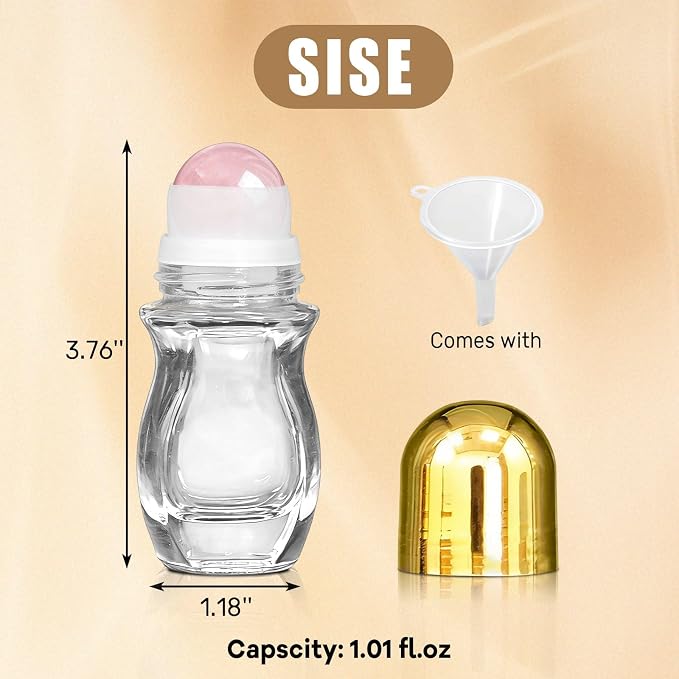 Rose Quartz Roller Waisted Bottles for Essential Oils,30ml Refillable Clear Glass Roll On Bottles with Natural Crystal Roller Balls, Leak-Proof Travel Perfume Bottle with Gold Caps