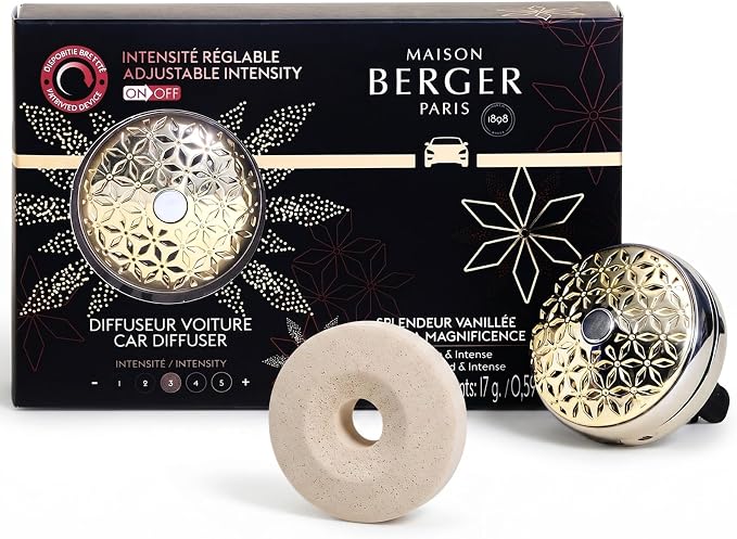 MAISON BERGER Car Diffuser Set, Vanilla Magnificence | Bourbon Vanilla Sandalwood Notes, Refillable Vent Clip with Ceramic Refill, Passive 4-Week Diffusion, Made in France