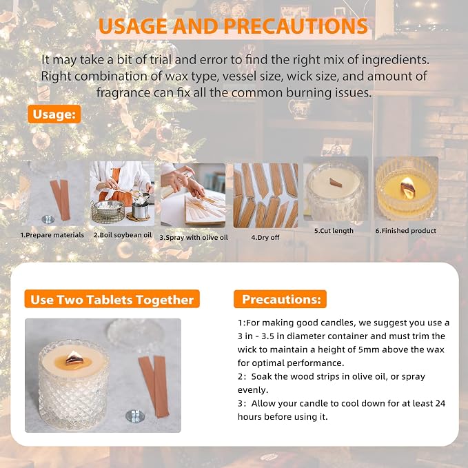 Smokeless Cherry Wood Candle Wicks Set, 100 PCS | Long Lasting Flame, Easily Burn, Candle Cores with Stand and Glue Dot, Warning Label for DIY Candle Making