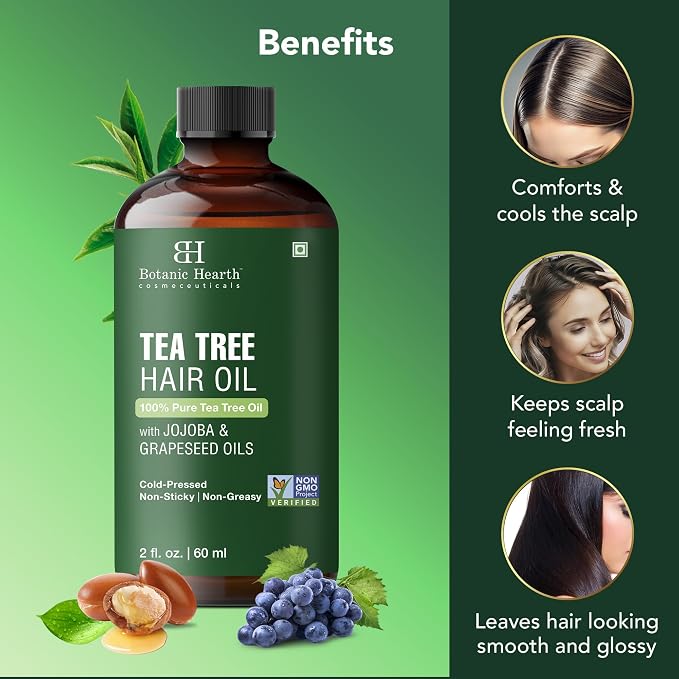 Botanic Hearth 100% Pure Tea Tree Hair Oil For Hair Growth & Hair Treatment Oils 2 Fl Oz | Infused with coconut Oil | Hair Oil Repairs Dry Damaged Hair, Strengthening, Healthier | All Hair Types
