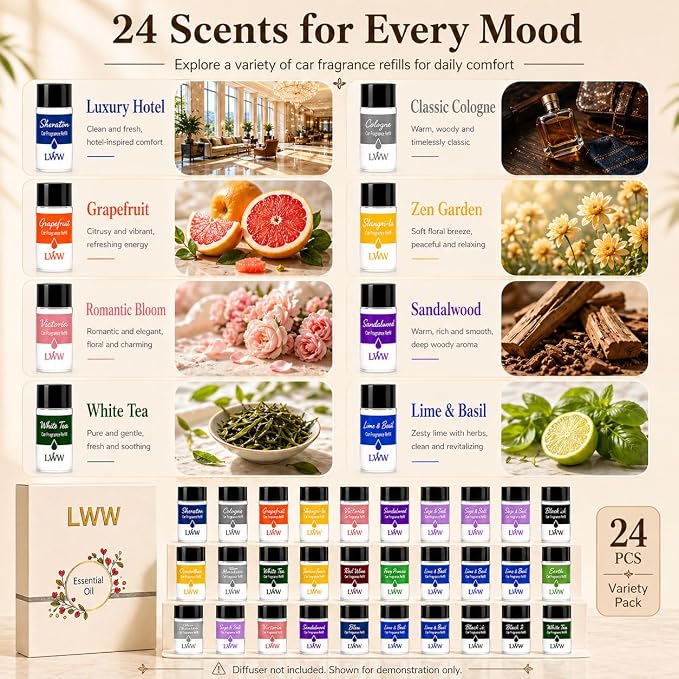 Car Air Freshener Diffuser Refills, 24 PCS 10ml Essential Oils Mixed Fragrance Set, Long Lasting Car Fragrance Oil Replacement for Car Diffusers, No Diffuser Included