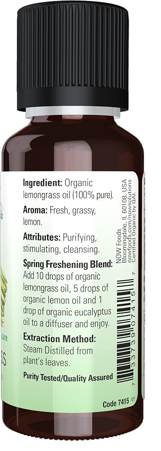 Now Essential Oils, Organic Lemongrass Oil, Uplifting Aromatherapy Scent, Steam Distilled, 100% Pure, Vegan, Child Resistant Cap, 1-Ounce (Pack of 2)
