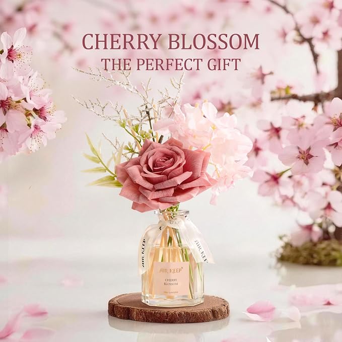 Airkeep Flower Reed Diffuser Set, Cherry Blossom Diffuser Gift Set,4.06 fl oz Essential Oil Sticks Diffusers for Bathroom Air Freshener, Aromatherapy Home Fragrance for Shelf Decor,Gift for Women Mom