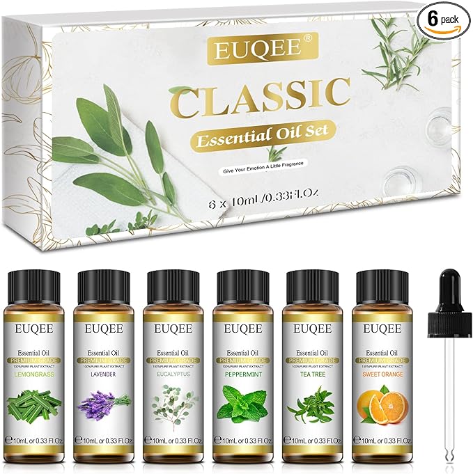 EUQEE 6 Pcs Pure Essential Oils Set, Premium Classic Scent Kit for Diffuser, Massage, Bath, DIY Crafts, Home Fragrance – Lavender, Eucalyptus, Peppermint, Tea Tree, Sweet Orange, Lemongrass