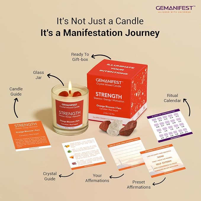 Strength and Stability Manifestation Crystal Candle, Orange Blossom Scented Soy Candle for Workout Enthusiasts, Valentine's Gift for Her/Him, Wellness, Inspirational and Motivational