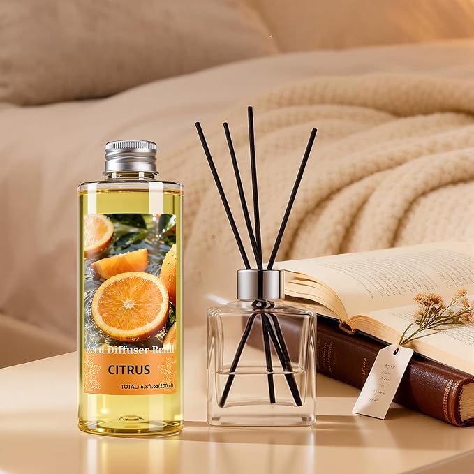 STRN Reed Diffuser Oil Refill, Citrus Scented Diffuser Oil Refills with 6 Reed Sticks 200ML(6.8fl.oz), Room Fresheners for Home, Long-Lasting Summer Fragrance for Living Room, Bedroom, Office