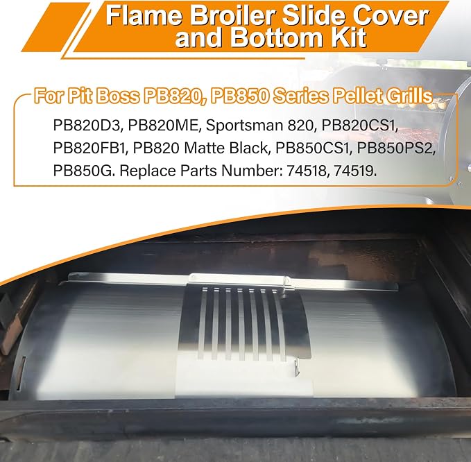 Flame Broiler Kit for Pit Boss PB820 PB850 Series Pellet Grills with Slide Cover and Bottom, Smoker Grill Replacement Parts for Pit Boss PB820D3, PB850PS2, PB850G, PB850CS1, PB820ME, Sportsman 820 etc