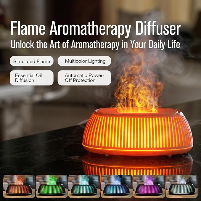 Flame Essential Oil Diffuser 150ml, Ultrasonic Aromatherapy Diffuser with 7 Color Lights, 1/2/4H Timer, Auto Shut-Off for Home Office Bedroom (Wood)