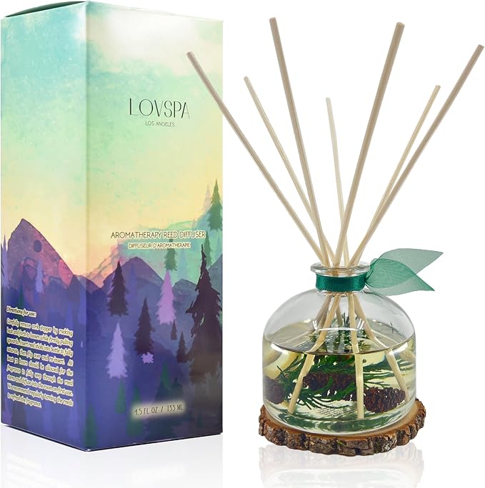 Reed Diffuser Set, Winter Forest Pine Scented Oil Diffuser with Sticks and Wooden Coaster, Bathroom Shelf Decor Made with Real Botanicals, USA Made