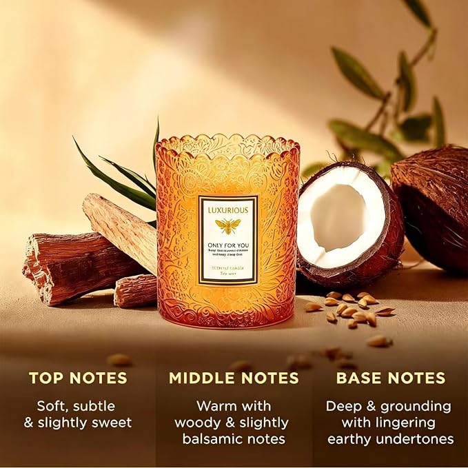 Sandalwood Candles, Candles for Home Scented, Natural Soy Wax Candle，Aromatherapy Candle for Stress Relief, Delicate Embossed Glass Jar for Home Decor, 7 oz 40 Hours Burning Time