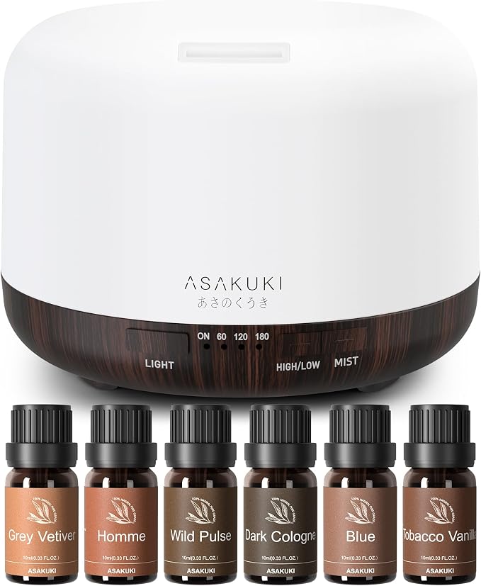 ASAKUKI Oil Diffuser Set – 500ml Cool Mist Humidifier with 6 Masculine Essential Oils – Dark Cologne, Tobacco Vanilla, Vetiver, More – for Home, Office, Gift