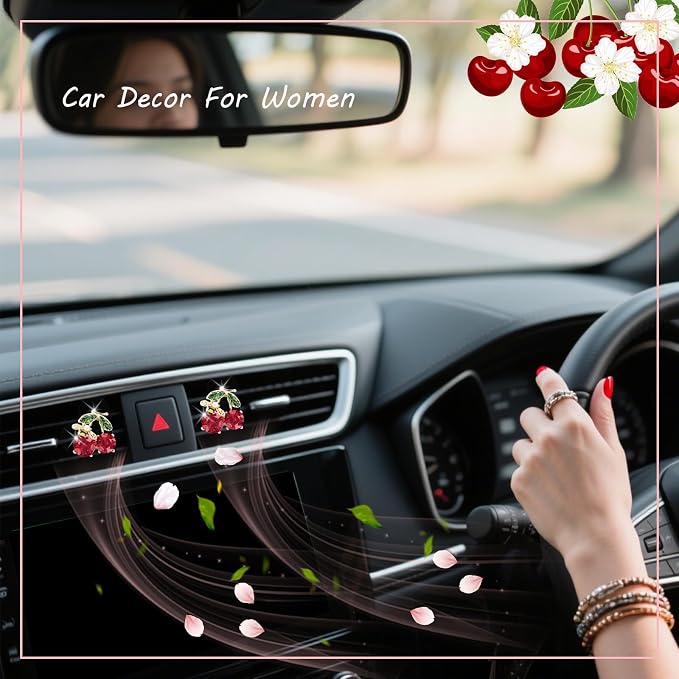 ORIESSE Cherry Car Decor,2pcs Bee Leaf Cherry Car Air Freshener Vent Clips,Cute Retro Sweet Themed DashBoard Decoration Accessories for Women Teens,Refillable Aroma Diffuser