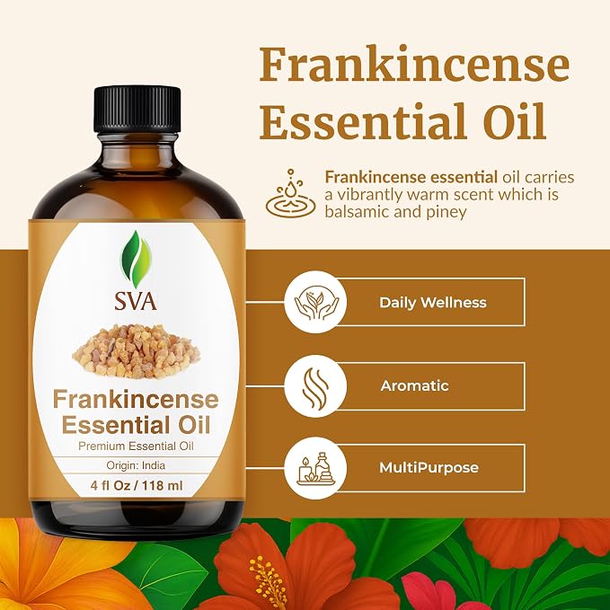 SVA Frankincense Essential Oil – 4 Fl Oz – for Diffuser, Skin & Hair Care – Ideal for Aromatherapy, Massage & DIY Blends – with Dropper