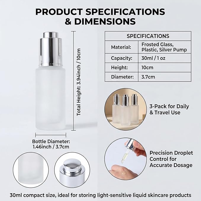 3Pcs 30ML/1OZ Clear Frosted Glass Dropper Bottles with Silver Pressure Pump Top Refillable Essential Oil Storage Containers Travel Sample Vials for Aromatherapy & Cosmetic