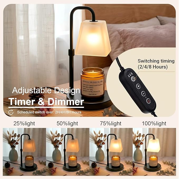 JIMEI Candle Warmer Lamp with Timer Electric Wax Warmer for Scented Wax Melt Warmer Light Melter for Jar Candles Dimmable Adjustable Height Gifts for Women Mom House Warming Frossted Glass Black