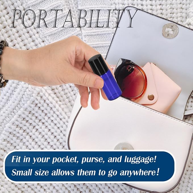 3ml Roller Bottles 24Pack Cobalt Blue Thick Glass Essential Oil Bottles with Stainless Steel Roller Ball and 2 Droppers