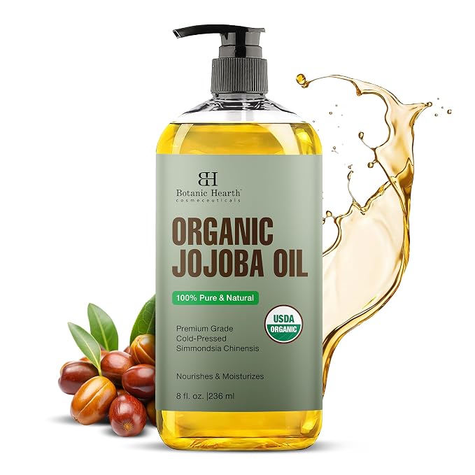 Botanic Hearth USDA Organic Jojoba Oil 8 Fl Oz |100% Pure and Natural- Cold Pressed & Hexane Free Natural Hair Growth Oil for Eyelashes, Eyebrows, Skin, Body, Face, Nails & Scalp