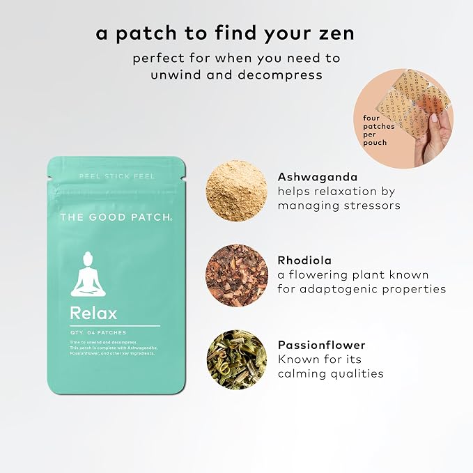 The Good Patch Relax Patches, Supports Relaxation, Natural Patch with Ashwagandha, Ginger Root, Plant Powered Wearable Wellness, Sustained Release (8 Total Patches)