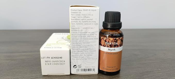 Myrrh Essential Oil, 1.01Fl.Oz (30ML) PHATOIL Pure Essential Oil Singles for Aromatherapy Diffusers, Humidifiers, Great for DIY Candle and Soap Making, Gift for Friend