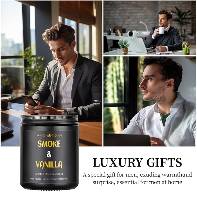 Smoke & Vanilla Candle, 7 oz Scented Candle for Men, Soy Candles for Home Scented, Masculine Jar Candle for Him, 50 Hours Burning Time Mens Candle Gift for Boyfriend, Father, Birthday Present Giving