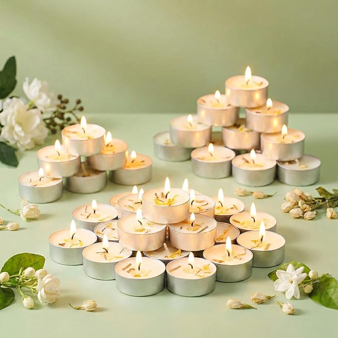 Jasmine Scented Tealight Candles -64 Pack - 4-Hour Palm Wax White Tea Lights, Plant Dried Flower Scented Tea Candles (Paraffin-Free), Votive Candle for Home/Yoga/Bath/Meditation