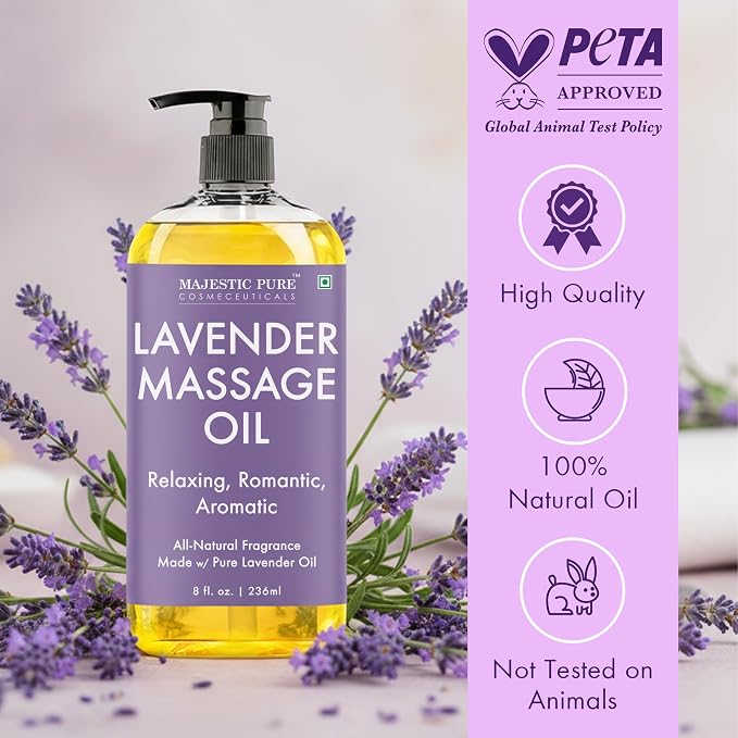 MAJESTIC PURE Lavender Massage Oil for Massage Therapy - Refreshing, and Relaxing - Natural Oils with Lavender Essential Oil - for All Skin Types - Men and Women Massage Lotion - 8 fl oz