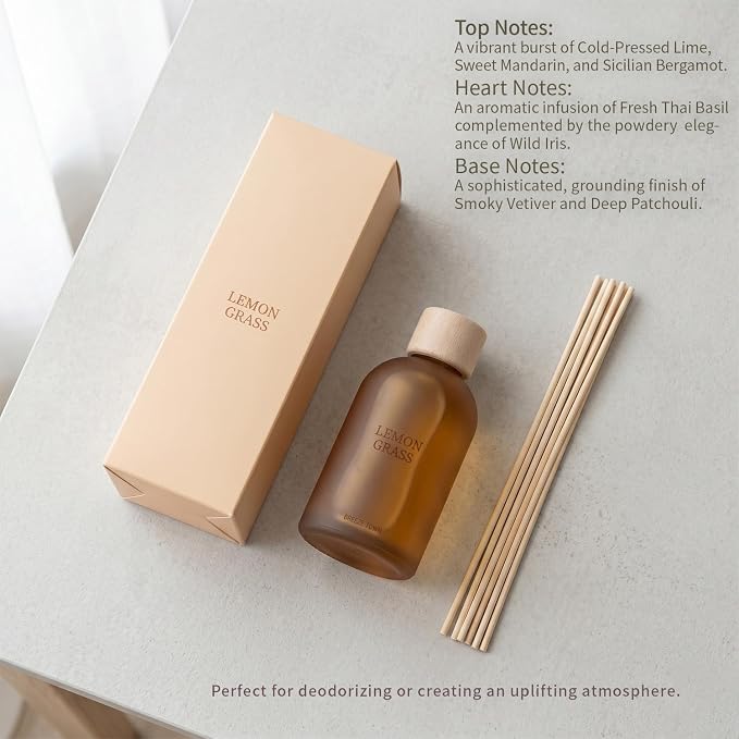 Reed Diffuser Set 6.7 oz Scented Oil Diffuser with 6 Fiber Sticks, Long Lasting Home Fragrance for Bathroom Shelf Decor, Living Room, Office Aromatherapy Gift 01 (Lemon Grass)