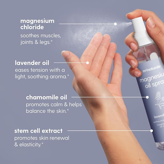M3 Naturals Lavender Magnesium Oil Spray for Sore Muscles, Feet, Joints and Leg Cramps, Supports Restful Sleep and Post-Workout Recovery, With Chamomile Oil & Stem Cell extract, 12 fl oz