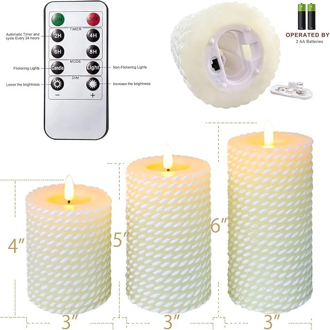 Flameless Candles Set of 3, White Real Wax Rope Theme Battery Operated LED Candles with Remote Control and Timer for Gift Home Festival Decor