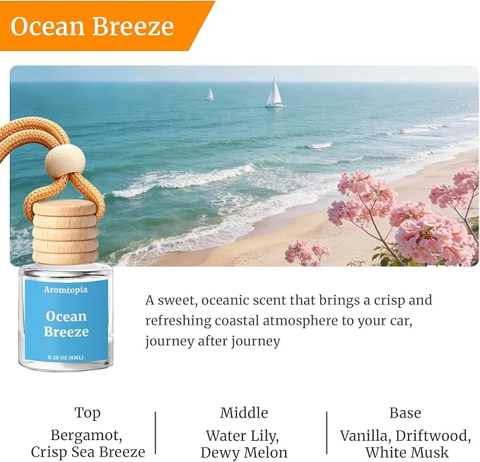 Car Air Fresheners, Hanging Car Essential Oil Diffuser Ocean Breeze, Aromtopia Long-Lasting Refreshing Odor Eliminator 2 Pack