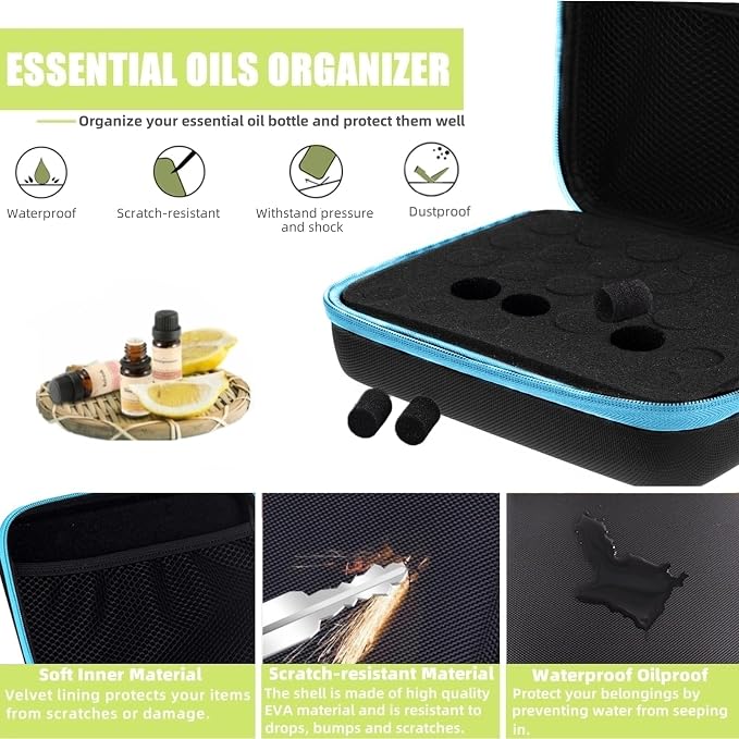 BLIRITEL EVA Essential Oils Organizer, 30 Bottles Hard Shell Essential Oil Storage Carrying Case, Essential Oils Boxes Holds 30 Bottles with 5ml,10ml,15ml (Blue)