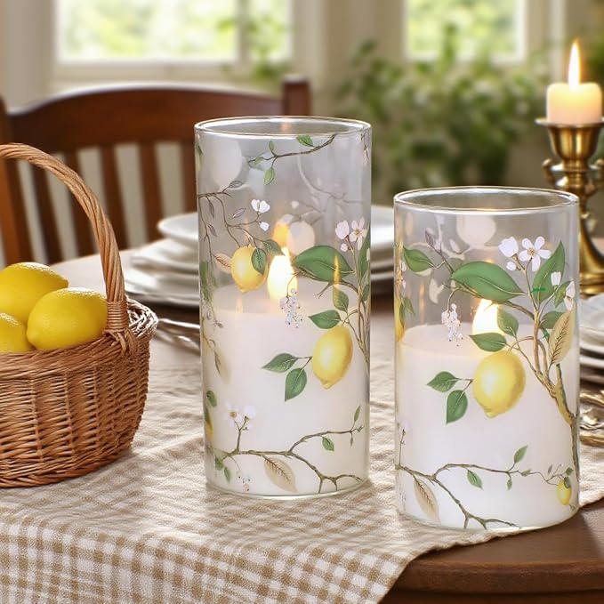 Flameless LED Candles with Remote Lemon Decal Glass Flickering Battery Operated Candles for Home Room Party Wedding Holiday Christmas Valentine's Day Decor - Set of 3