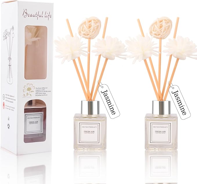 Reed Diffuser Set of 2, Jasmine Scent Oil Diffuser with Sticks for Home Fragrance, Office Living Bedroom Decor, Bathroom Decor and Accessories, Air Fresheners Gift Set, 1.7 fl oz/50ml x 2