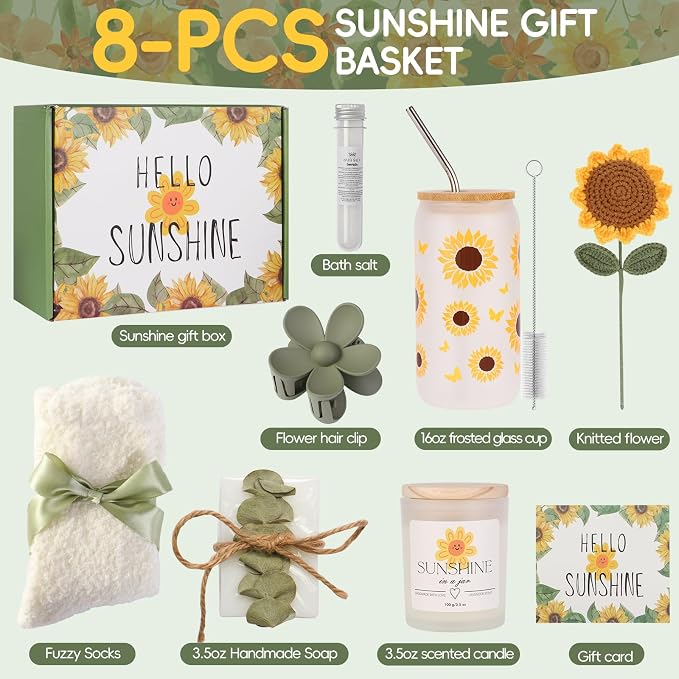 Sunflower Gifts Baskets for Women, Self Care Package Get Well Gift Spa Gift Set for Her, Thinking of You Thank You Gifts, Sunshine Gifts for Women Friends Sister Teacher Mom