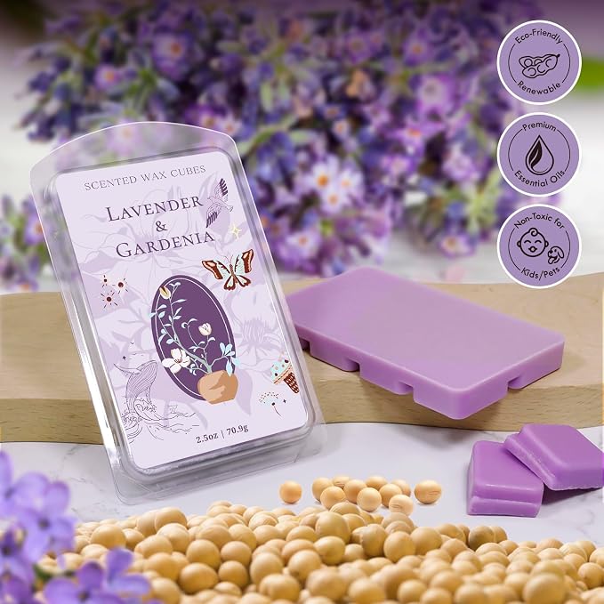 STRN Wax Melts, Lavender Scented Wax Melt for Wax Warmers, 4 Scents of Lavender & Gardenia, Sage, Chamomile, Sandalwood, Long-Lasting Summer Wax Cubes 4 x 2.5oz for Home, Spa