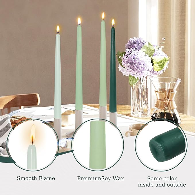 Candlesticks Long Taper Candle,Green Tea Scented 10 Inches Gradient Green Candle Sticks Smokeless Tapered Candles for Home Décor Holiday Gifts