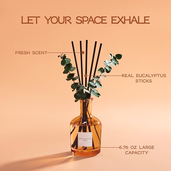 COCORRÍNA Mediterranean Citrus Reed Diffuser – 6.76 oz Essential Oil with 8 Reeds & Real Eucalyptus Sticks, Home Fragrance for Bedroom or Bathroom Décor