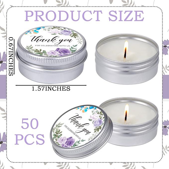 MTLEE 50 Pcs Purple Floral Wedding Candles Gift Favors for Guests 1 Oz Lavender Scented Soy Wax Aromatherapy Candle Favors for Bridal Shower Rustic Wedding Party Guests(Purple Flowers)