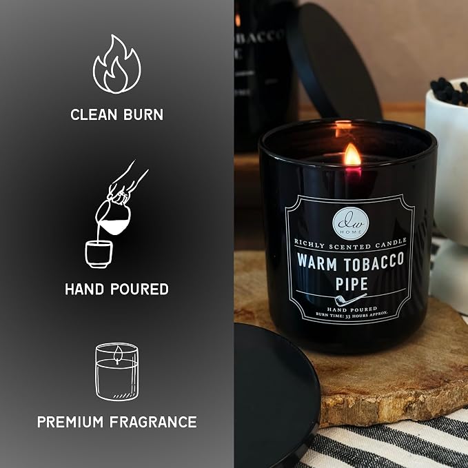 DW Home Warm Tobacco Pipe Scented Candle for Home, 12 oz, Wooden Wick Candle Jar, Up to 40H Burn Time, Luxury Scented Candle for Relaxation, Gifting, Home Decor