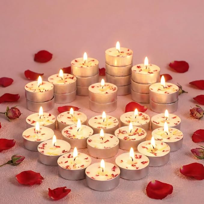 Rose Scented Tealight Candles 64 Pack - 4-Hour Palm Wax White Tea Lights, Plant Dried Flower Tea Lights Candle (Paraffin-Free), Scented Votive Candles for Home/Yoga/Bath/Meditation