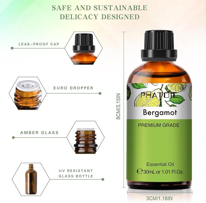 Bergamot Essential Oil 1.01fl.oz/30ml, PHATOIL Bergamot Oils Long Lasting Scents for Aromatherapy, Diffuser, DIY Soap and Candle Making
