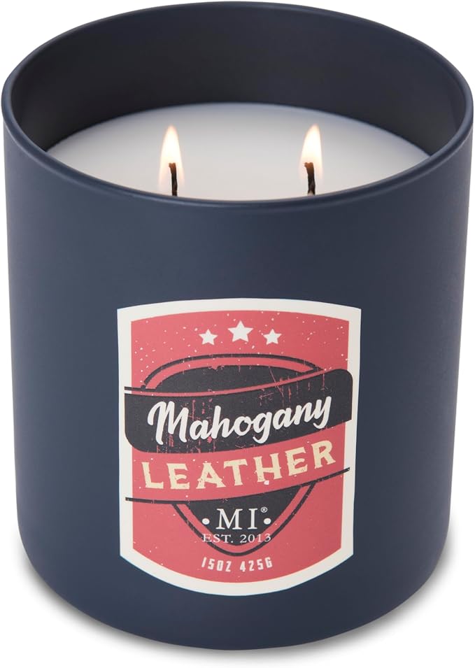 Manly Indulgence Mahogany Leather Scented Candles for Men, 2 Wick, 15 oz Premium Soy Blend Wax, 60H Burn, Candles for Home Scented – Made in The USA