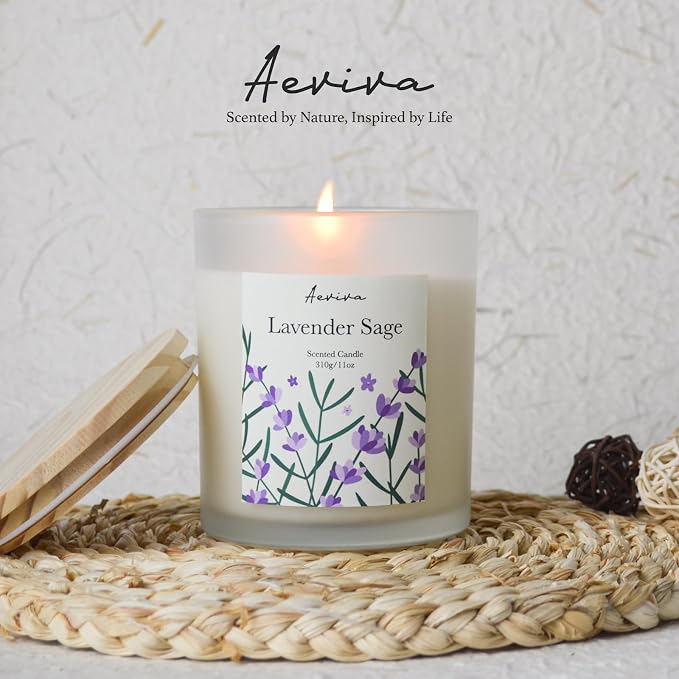 Lavender Sage Scented Candle, 11oz 60 Hour Burn, Natural Soy Wax with Thick Cotton Wick, Highly Scented Aromatherapy Candle for Stress Relief & Meditation, Gifts for Women & Men