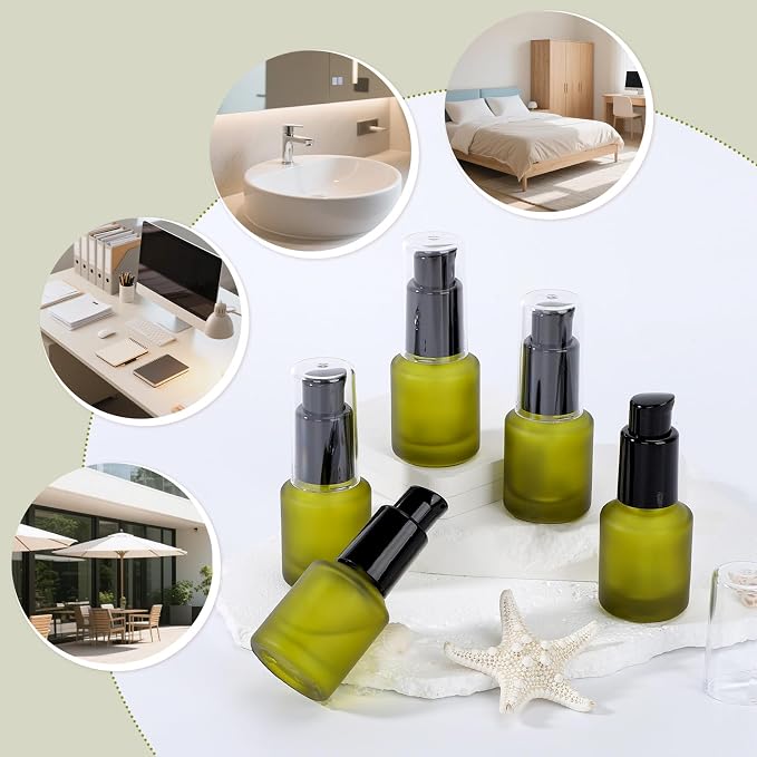 Segbeauty 0.5oz Frosted Glass Travel Size Containers for Lotions, 5pcs Mini Empty Lotion Bottles Pump Dispenser Refillable, 15ml Green Travel Containers for Creams, Small Hair Oil Pump Bottle Liquids