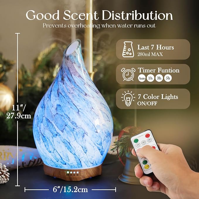 Porseme 280ml Essential Oil Diffuser Glass Color Changing Aroma Air Diffusers Aromatherapy Ultrasonic Cool Mist Humidifier with Remote Control 7 Running Hours Waterless Auto-Off (Light Blue)